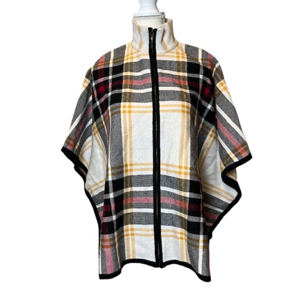 NWOT Nicole Miller Zip Front Poncho Cape Plaid Black Red Yellow Oversized S/M